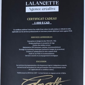 Certificat cadeau – 1 000 $ | Lalancette – Agence créative item