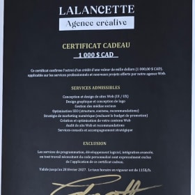 Certificat cadeau – 1 000 $ | Lalancette – Agence créative item