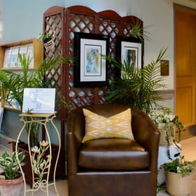 Item 4 Folding Lattice Screen (from vignette 1) and 2 Palms item