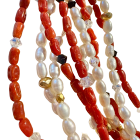 Hand-Strung Multi-Strand Coral and Pearl Necklace item