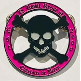 Photo of Pink & Black Skull and Crossbones Logo Pin