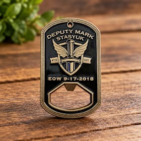 Photo of Deputy Mark Stasyuk Memorial Challenge Coin & Bottle Opener