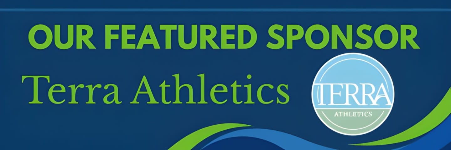 Green text reading "OUR FEATURED SPONSOR" and "Terra Athletics" is displayed over a dark blue background with a circular logo and abstract green and blue waves at the bottom.