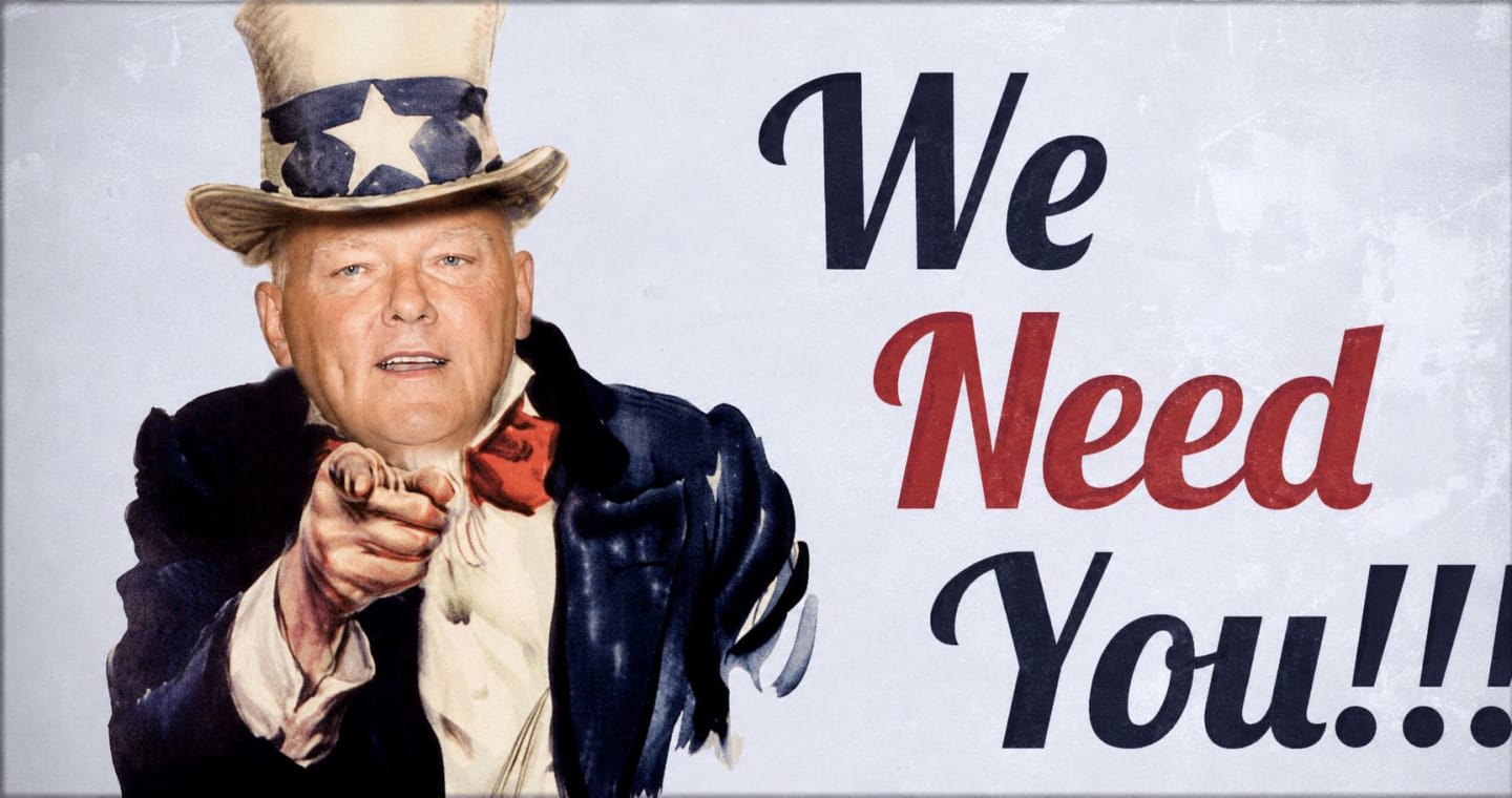 A man dressed as Uncle Sam points forward in the foreground, with the words "We Need You!!!" written in large letters on a textured background.
