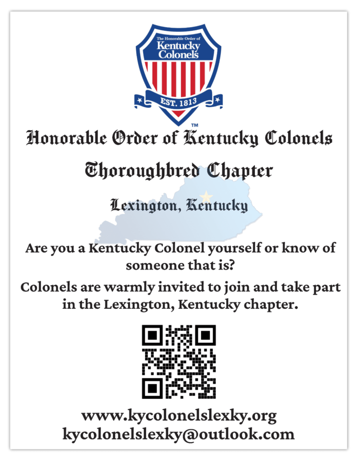 A white flyer with the Honorable Order of Kentucky Colonels logo at the top, followed by text inviting people to join the Thoroughbred Chapter in Lexington, Kentucky, and a QR code at the bottom.