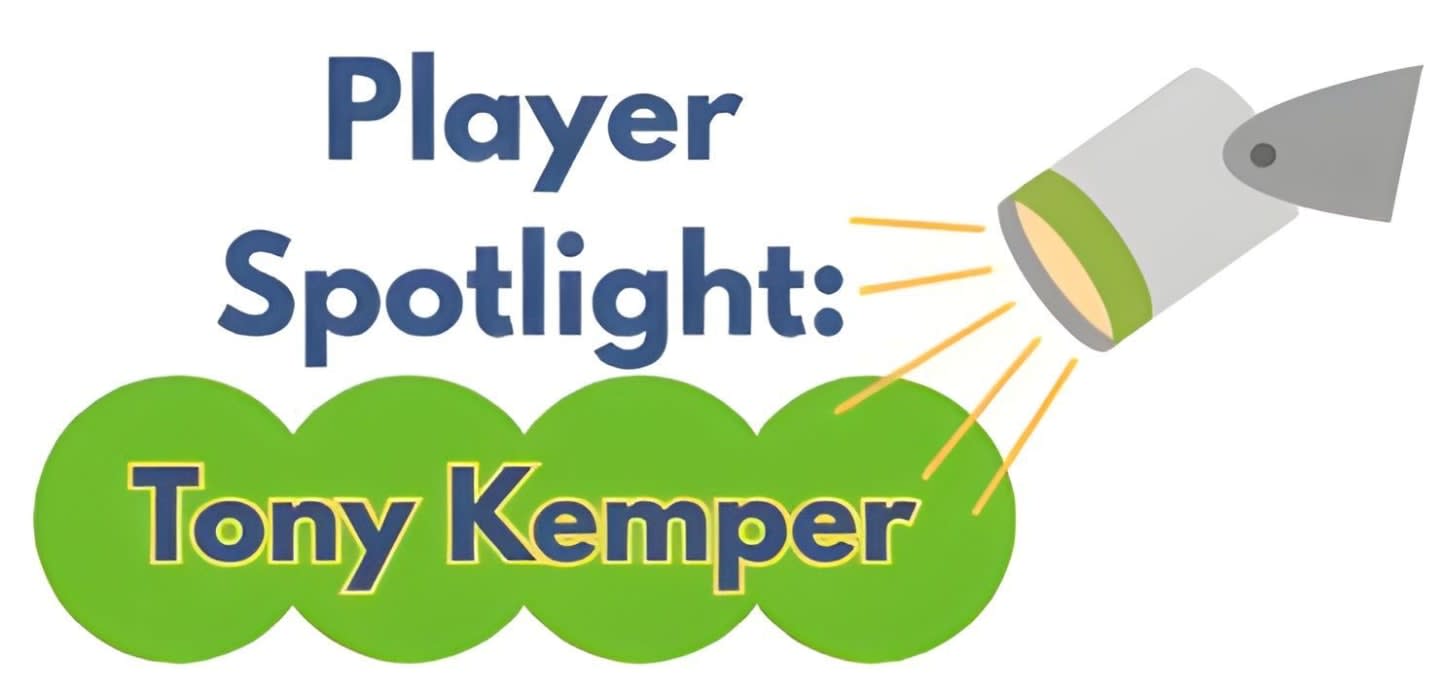 A spotlight shines on the words "Player Spotlight: Tony Kemper" which are set against a white background with green circles.