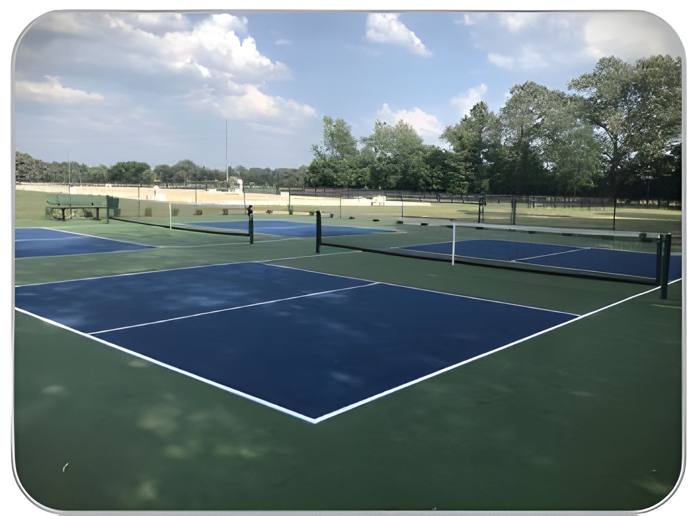 Several blue pickleball courts with white lines are in the foreground, while a grassy field with trees and a cloudy sky forms the background.
