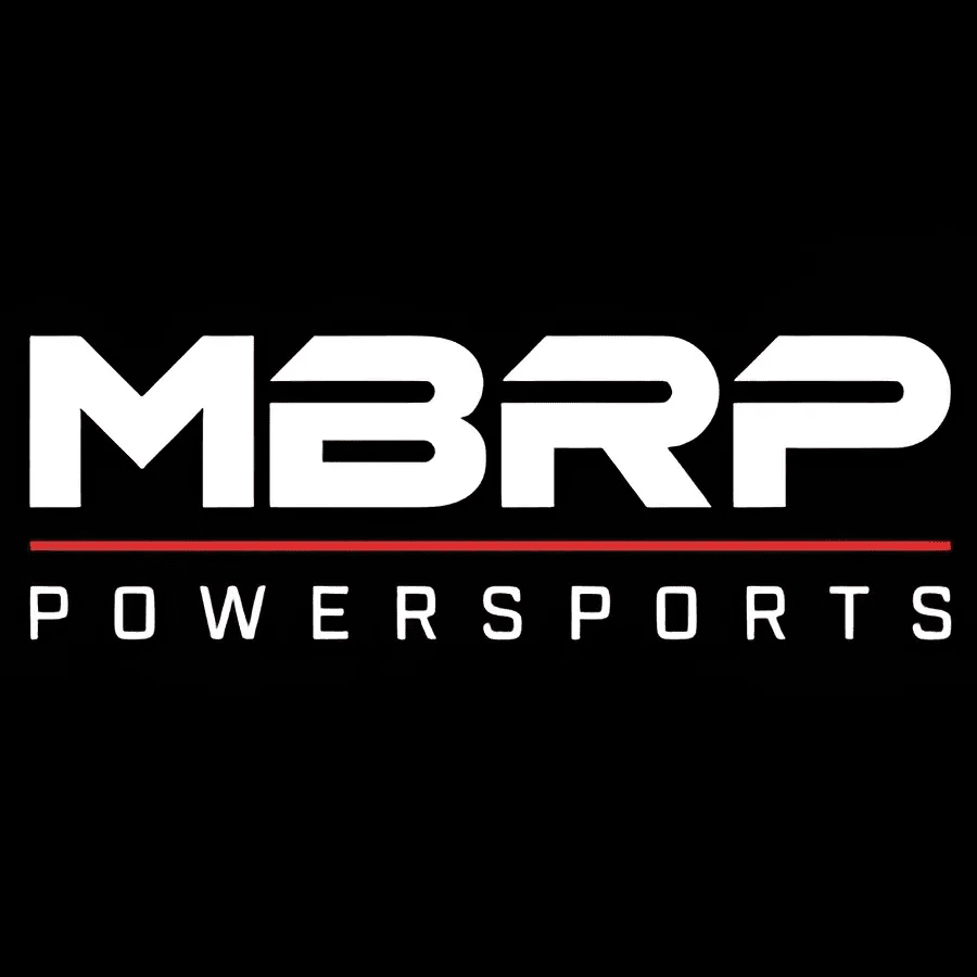 White text reading "MBRP" is in the foreground, with a thin red line below it, and "POWERSPORTS" in white text below the line, all set against a black background.