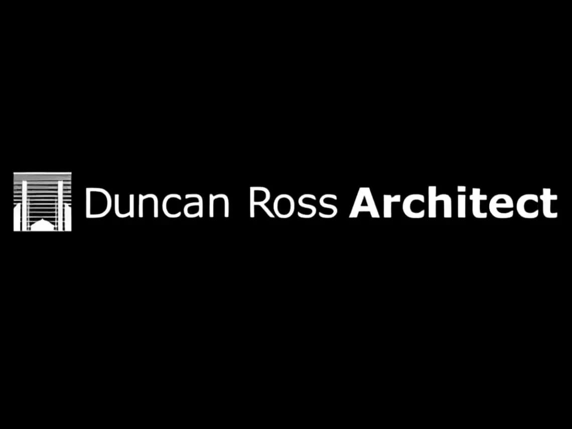 A white architectural logo with the text "Duncan Ross Architect" is displayed on a black background.