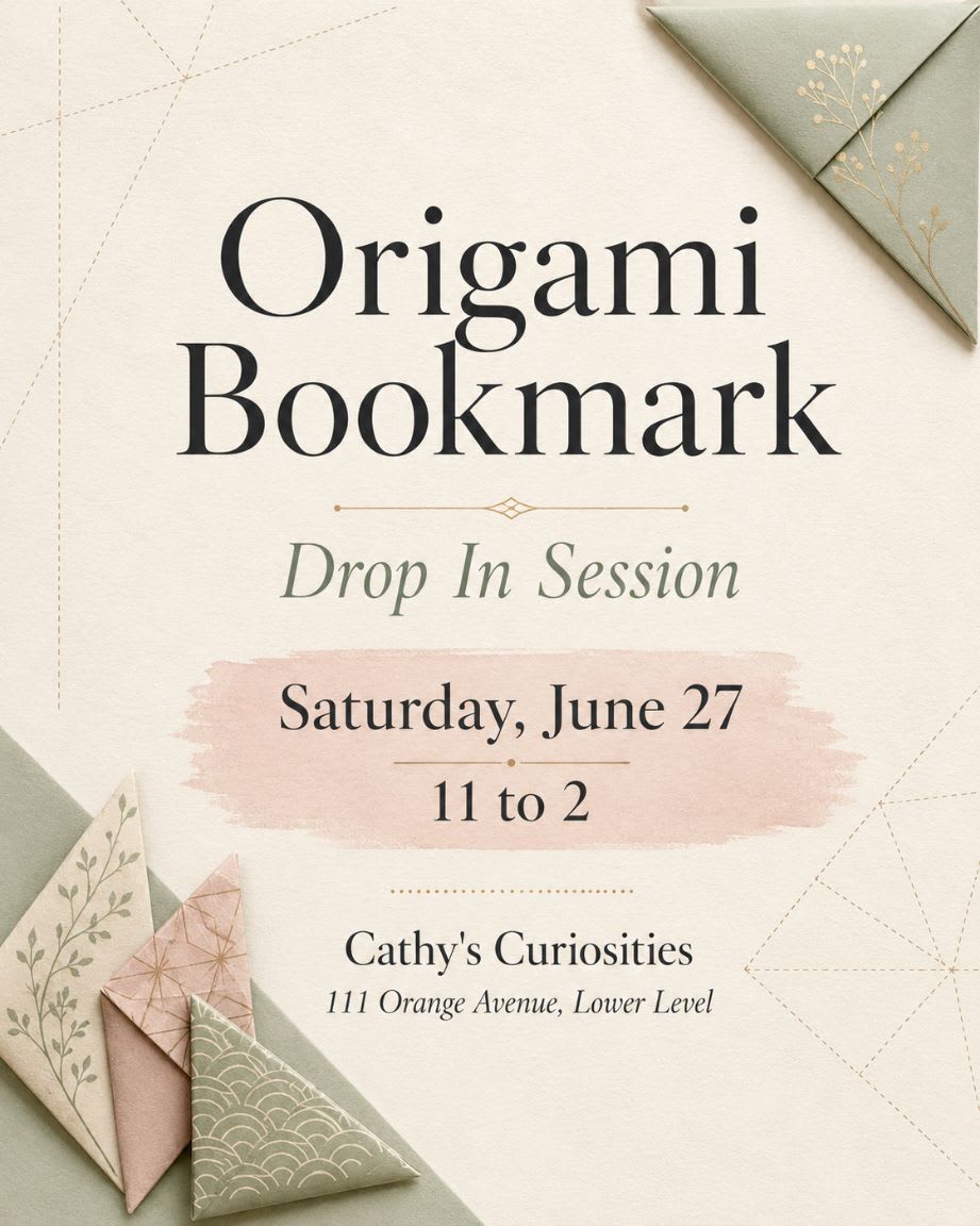 Origami bookmarks are featured in the foreground with a light, geometric background advertising a drop-in session.