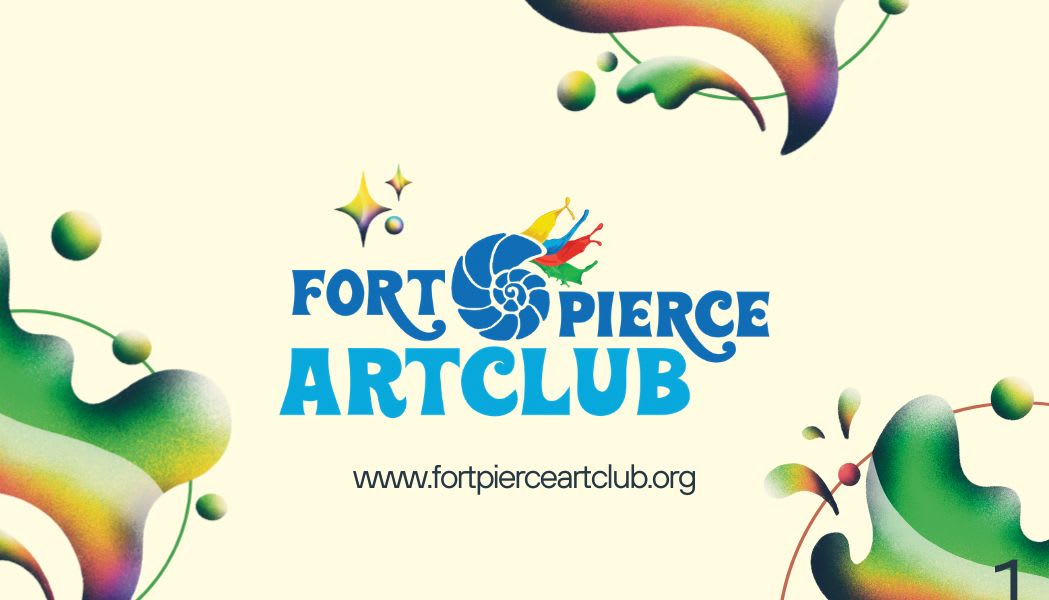 Colorful abstract shapes frame the "Fort Pierce Art Club" logo and website on a pale yellow background.