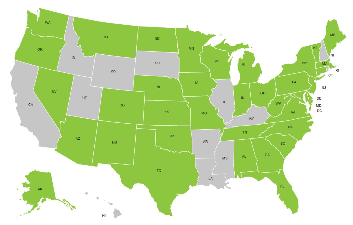 A map of the United States highlights many states in green, with others in gray, against a white background.
