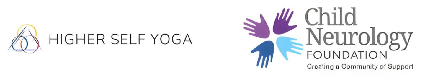 A logo with the text "HIGHER SELF YOGA" is on the left, and a logo with colorful hands and the text "Child Neurology FOUNDATION Creating a Community of Support" is on the right.