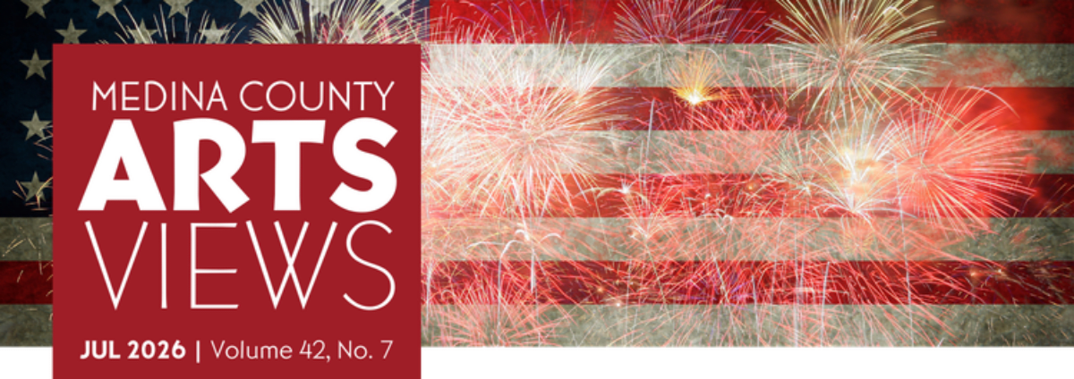 A red section on the left displays "MEDINA COUNTY ARTS VIEWS" and publication details, superimposed over a background of the American flag with fireworks.
