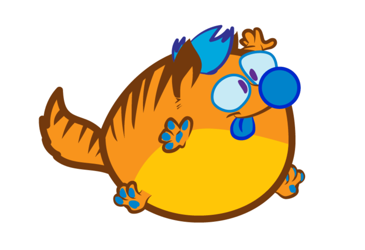 A cartoonish, plump orange cat with blue accents and a blue nose is shown against a plain white background.