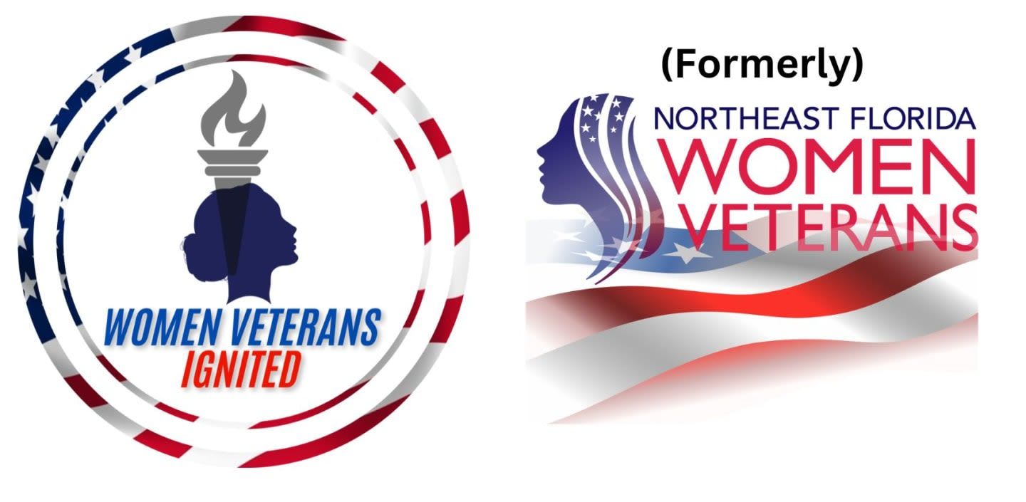 Two logos are displayed on a white background, with the left logo featuring a circular design with the words "WOMEN VETERANS IGNITED" and a silhouette of two women's heads topped by a torch, while the right logo has the text "(Formerly) NORTHEAST FLORIDA WOMEN VETERANS" overlaid on a stylized American flag.