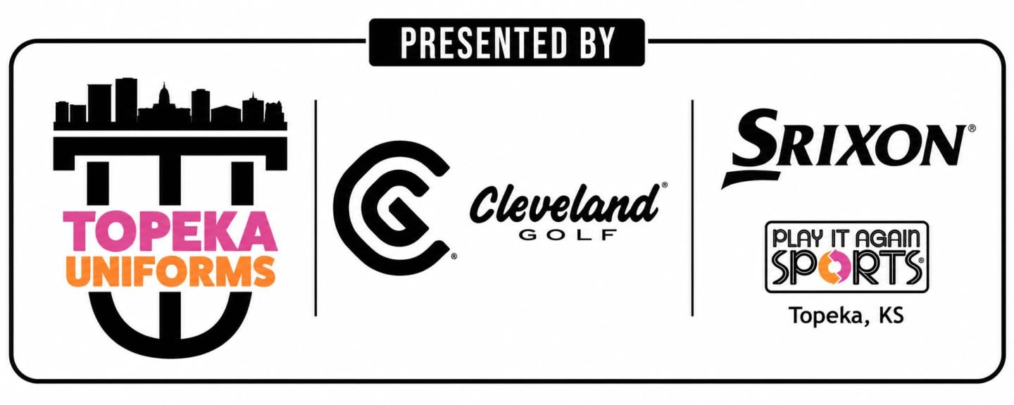 The foreground displays logos for Topeka Uniforms, Cleveland Golf, Srixon, and Play It Again Sports, Topeka, KS, all presented under a "PRESENTED BY" banner in the background.