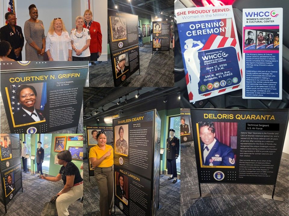 In the foreground, visitors examine displays about women in the military, while the background shows an exhibition hall with more informational panels and mannequins.