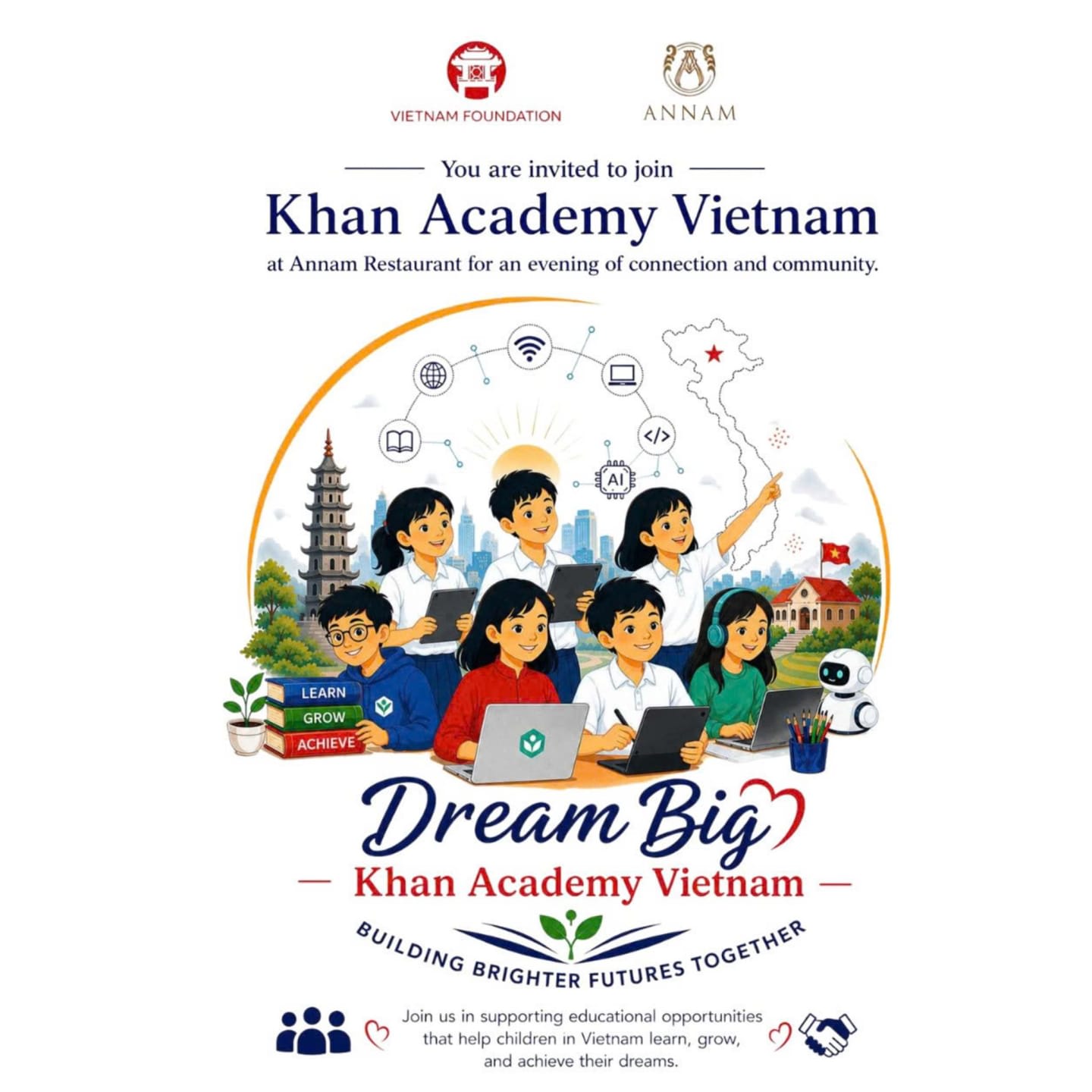 Children with laptops and a robot are in the foreground, with a stylized map of Vietnam and educational icons in the background.