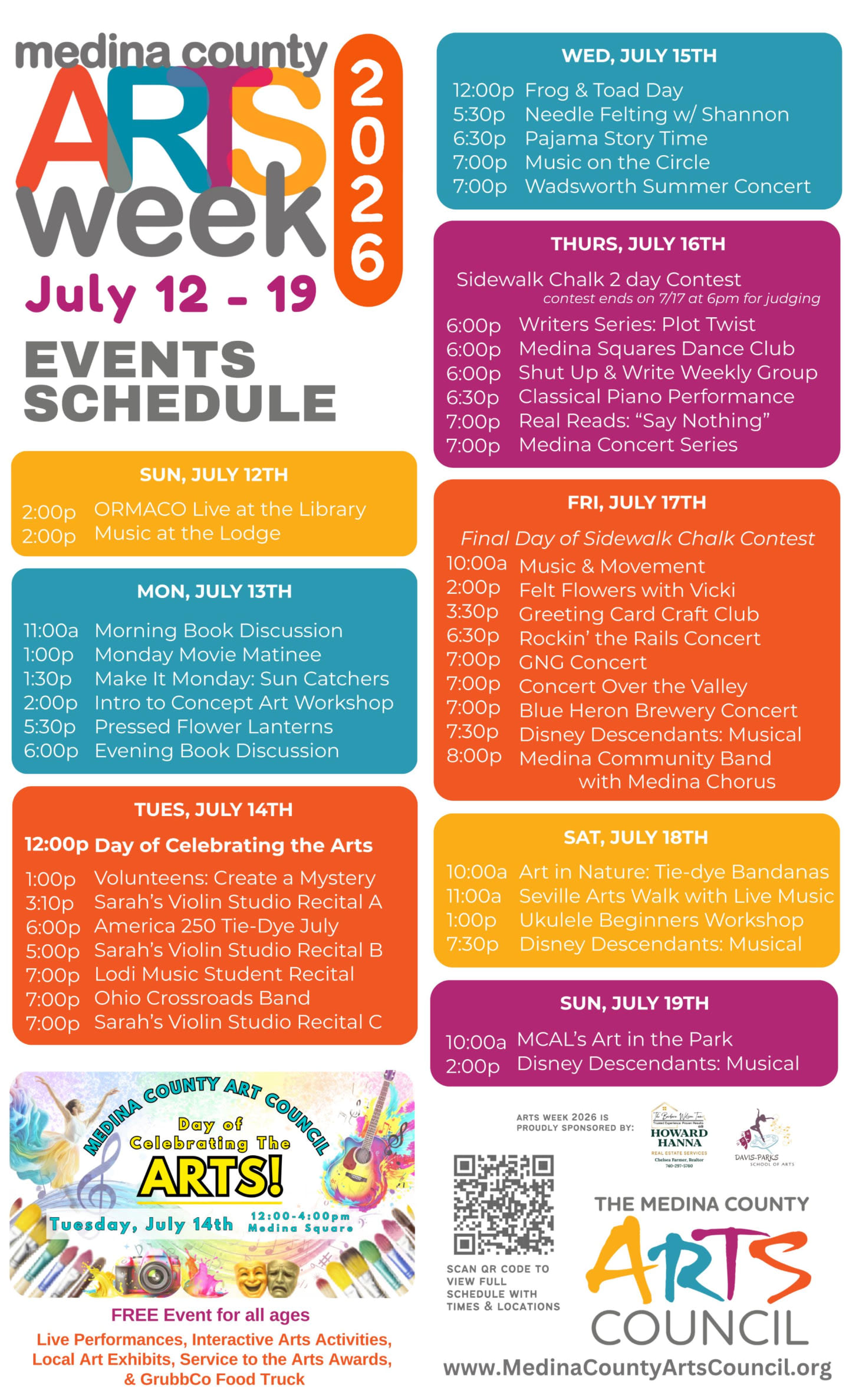 A colorful schedule of events for Medina County Arts Week from July 12-19, 2026, is displayed with a background featuring a drawing of art supplies and the Medina County Art Council logo.