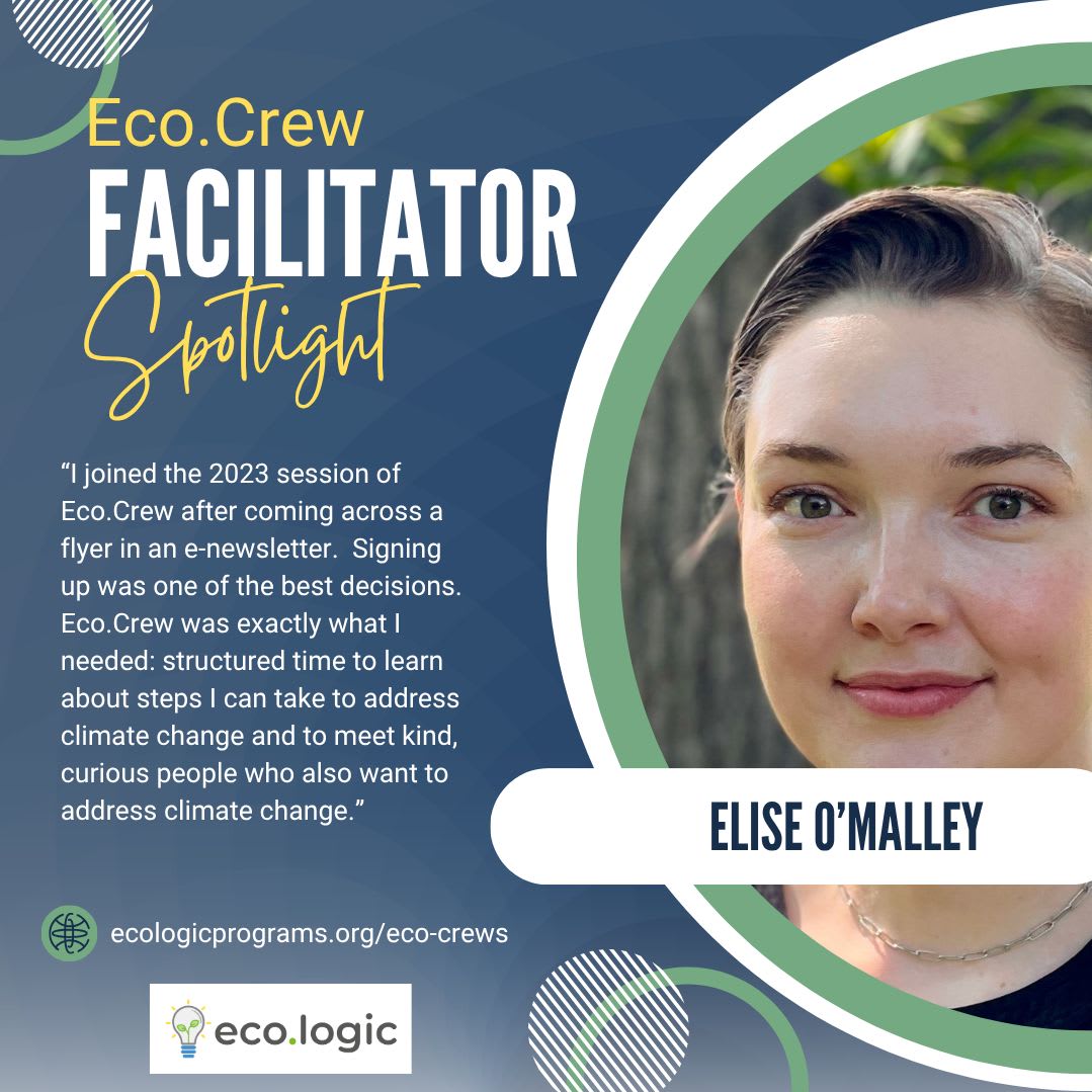 A woman's portrait is featured on the right, with text about Eco.Crew's facilitator spotlight on the left, against a dark blue background with green accents.