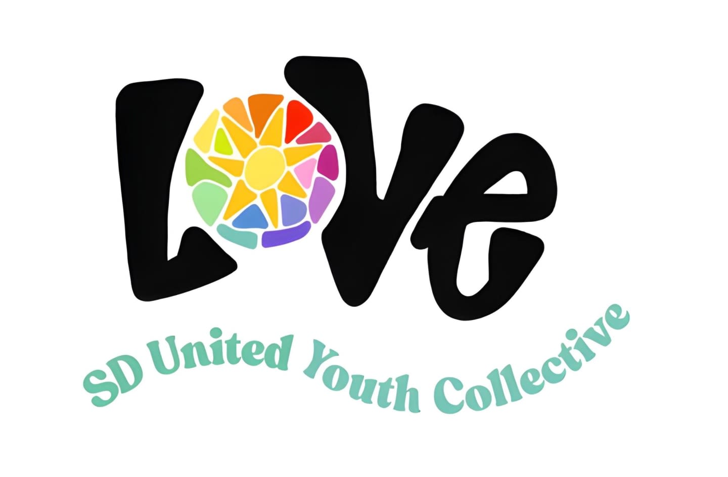 Black, stylized letters spell out "LOVE" with a colorful, mosaic-like sun in place of the "O", set against a white background above the light blue text "SD United Youth Collective".