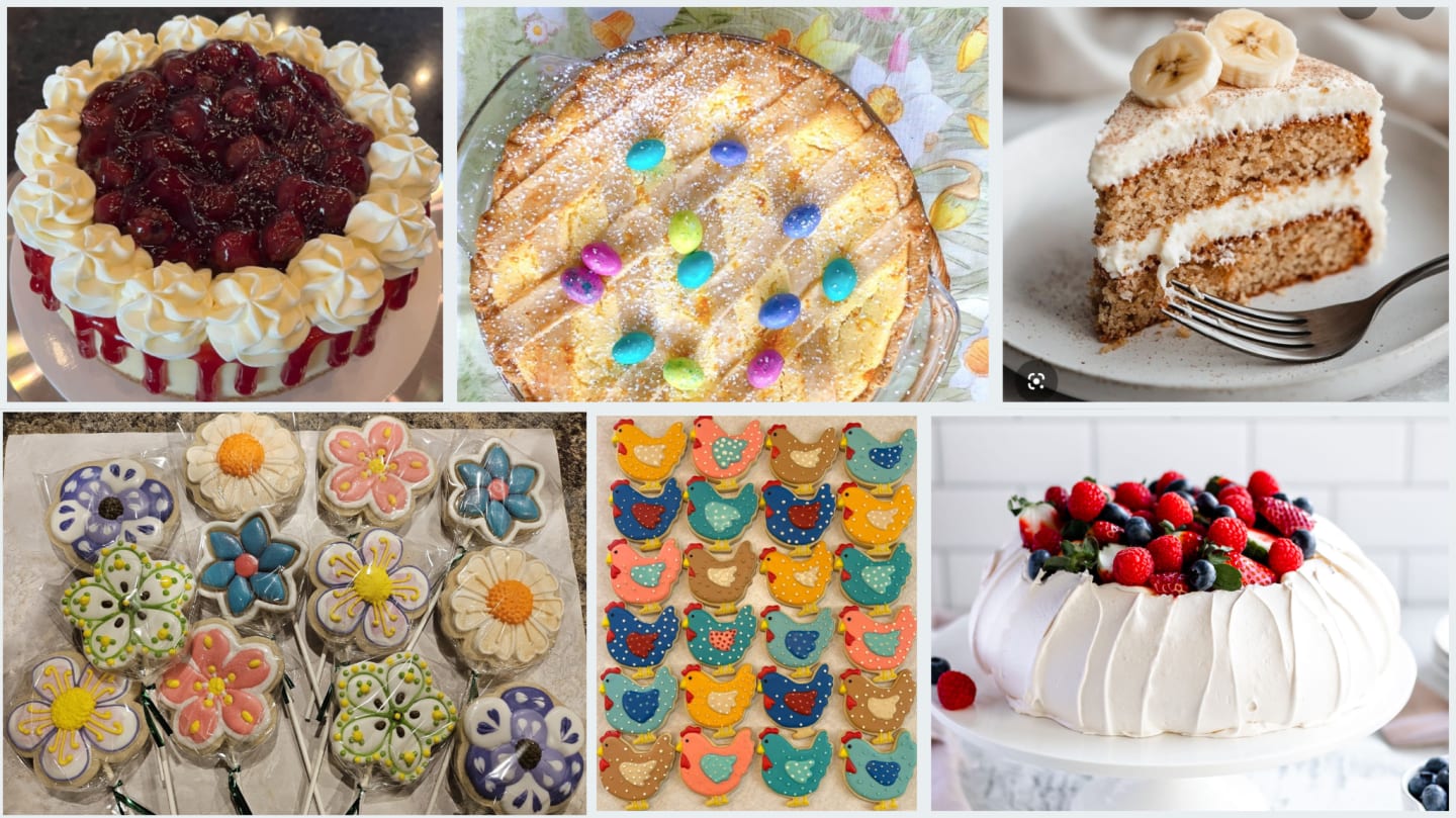 A collage of six desserts, featuring cakes, cookies, and a meringue, are arranged against a plain background.