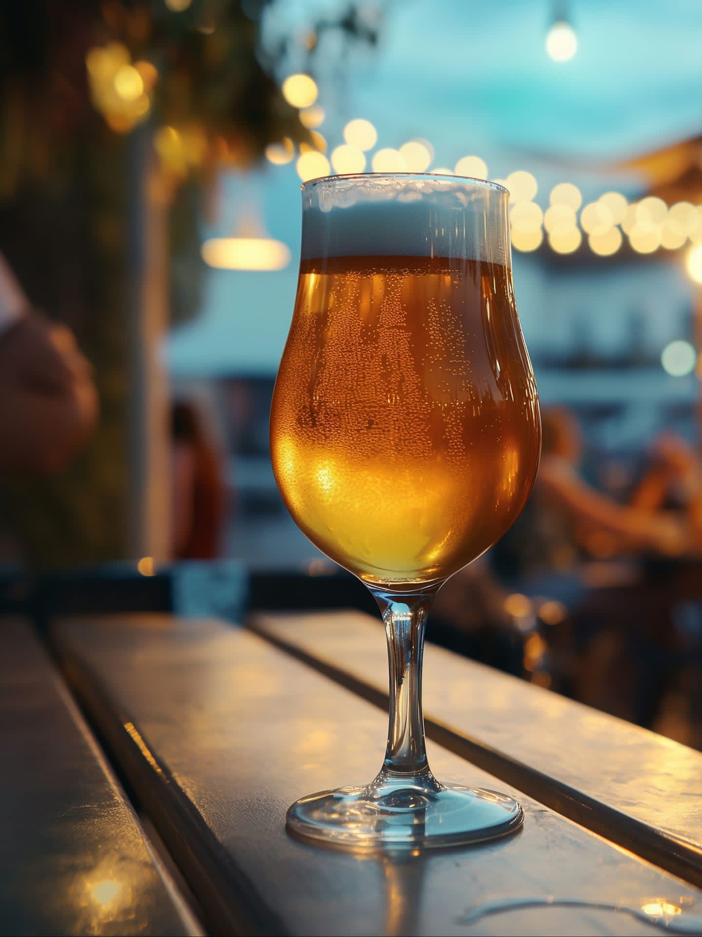 a glass of beer sitting on top of a wooden table