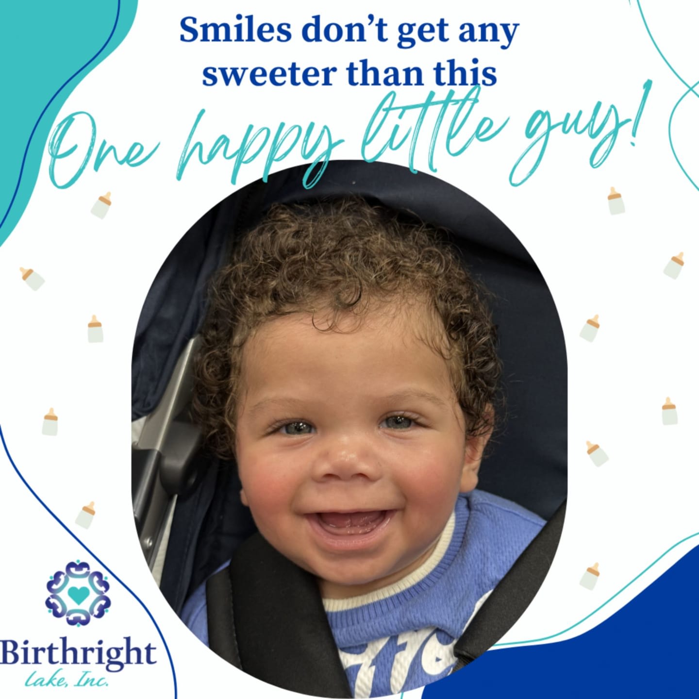 A smiling baby boy with curly hair is in the foreground, while the background features a light blue and white design with small baby bottle icons and text.