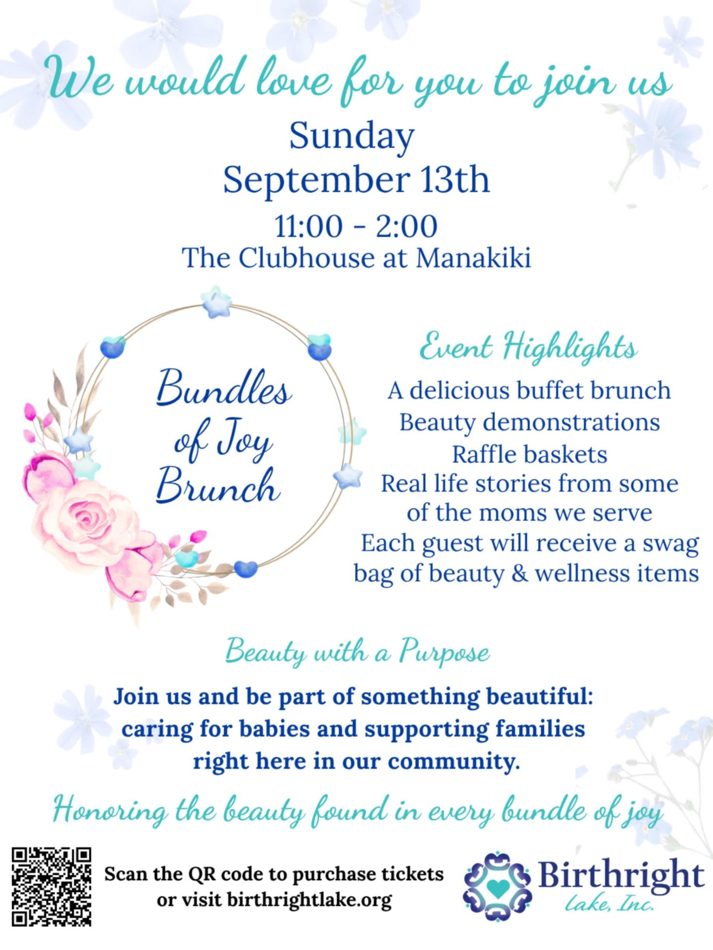 A floral wreath with "Bundles of Joy Brunch" inside is centered on a flyer with event details and a QR code against a light blue background with scattered floral and star elements.