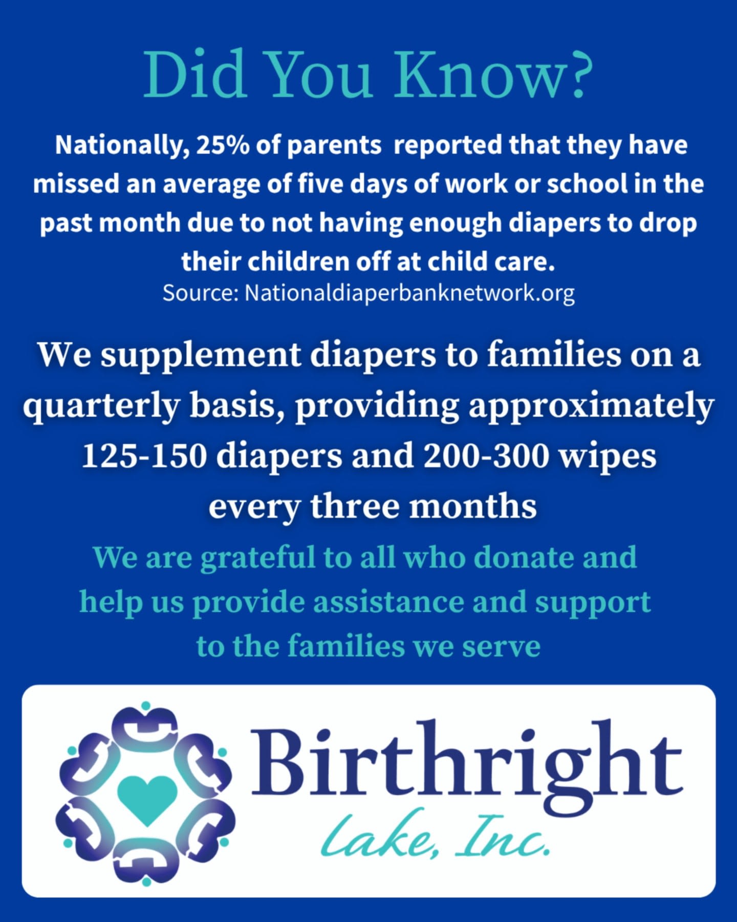 A blue background displays text about diaper insecurity and a logo for Birthright Lake, Inc. in the foreground.