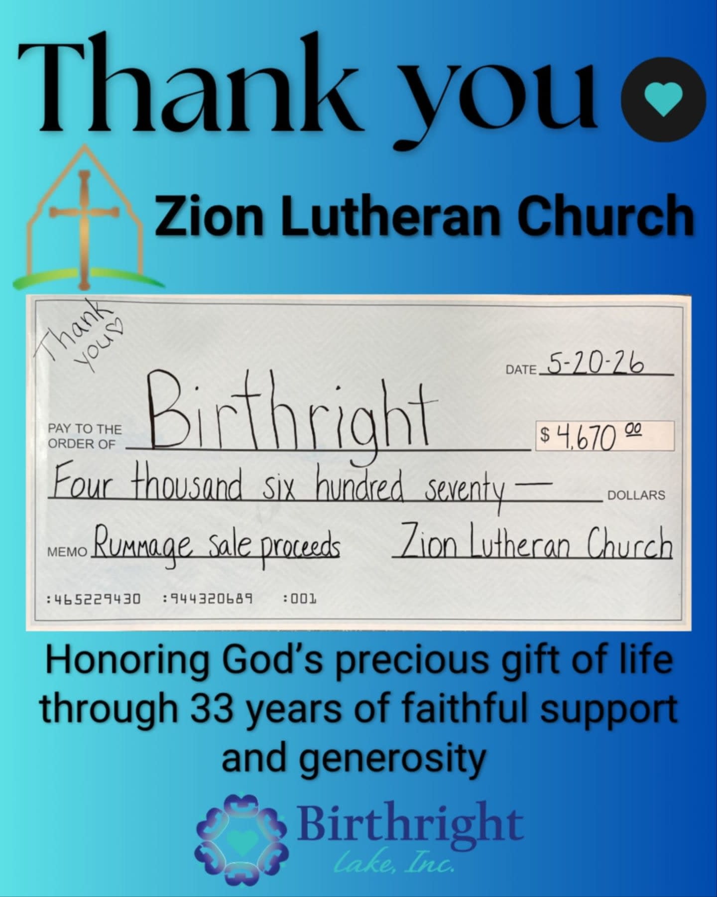Check from Zion LUtheran Church annual rummage sale