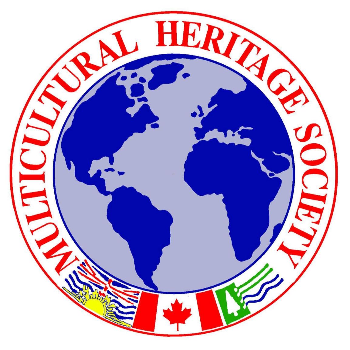 A globe with the words "Multicultural Heritage Society" encircling it is in the foreground, with various flags displayed below it against a white background.