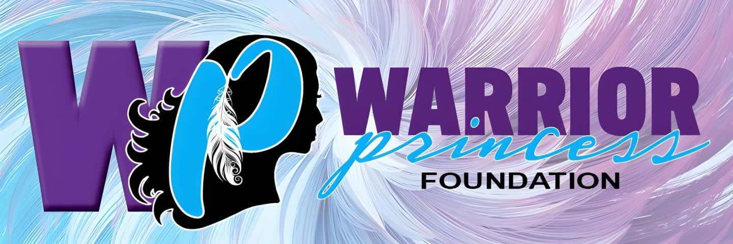 The foreground features the "WP Warrior Princess Foundation" logo with a silhouette of a woman's head, while the background is a swirling pattern of purple and light blue.