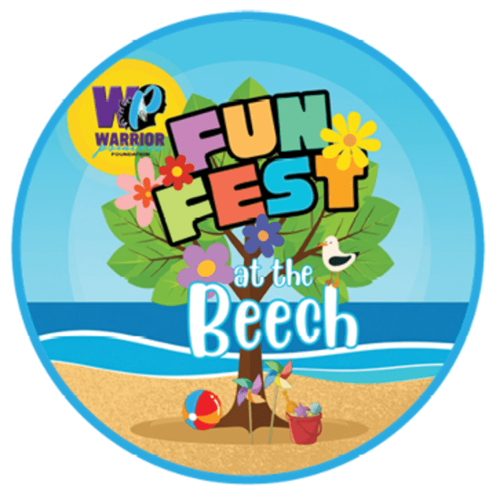 A colorful beach scene with toys in the foreground and a tree with "FUN FEST at the Beech" written on it in the background.