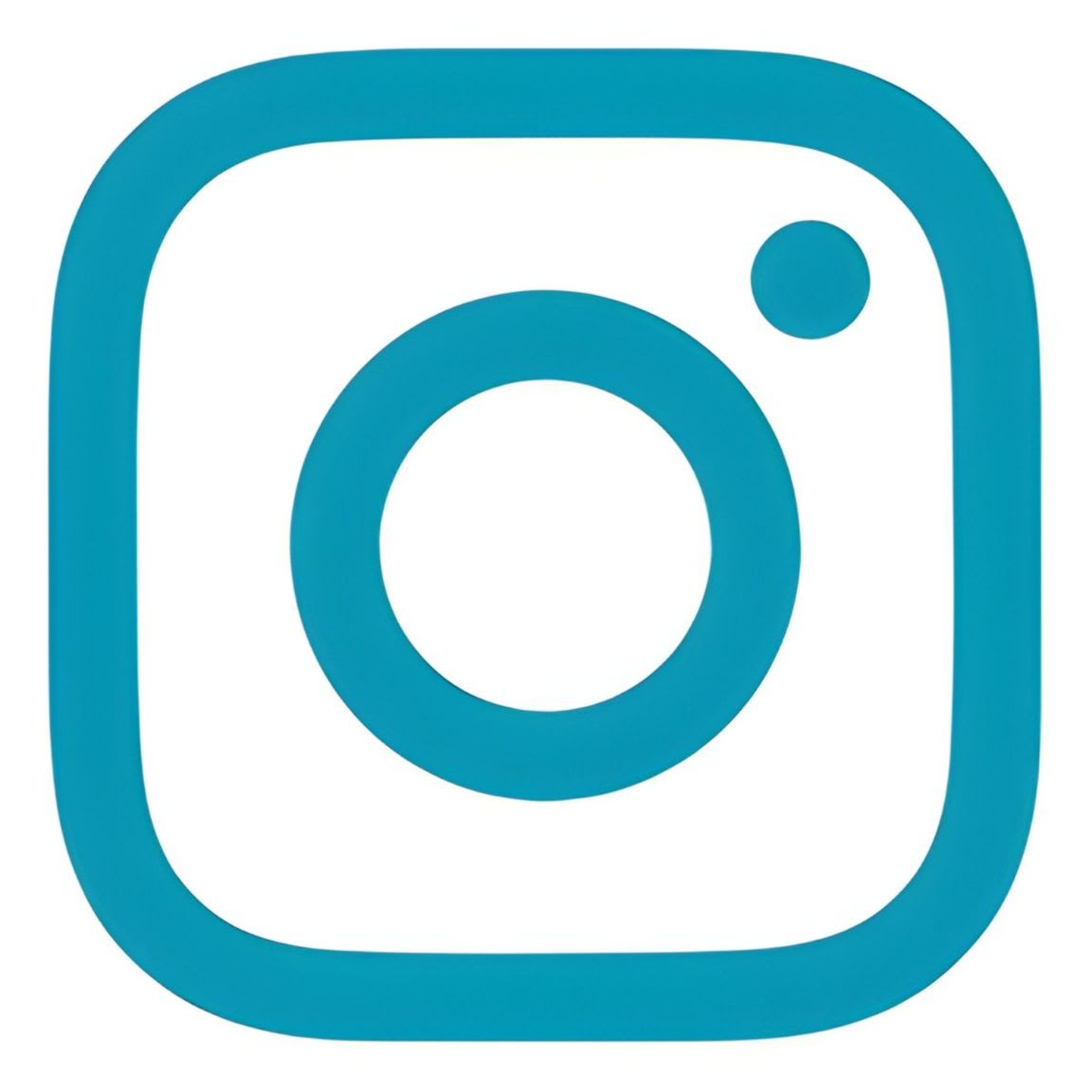 A teal Instagram logo with a rounded square outline and a camera lens inside is set against a white background.