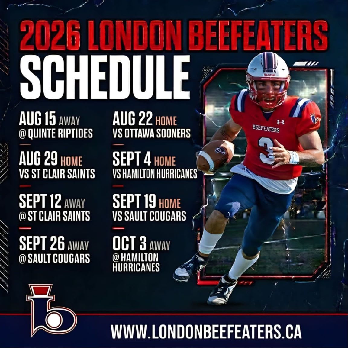 A football player in a red and blue uniform runs with a ball in the foreground, while the background displays the 2026 London Beefeaters schedule.