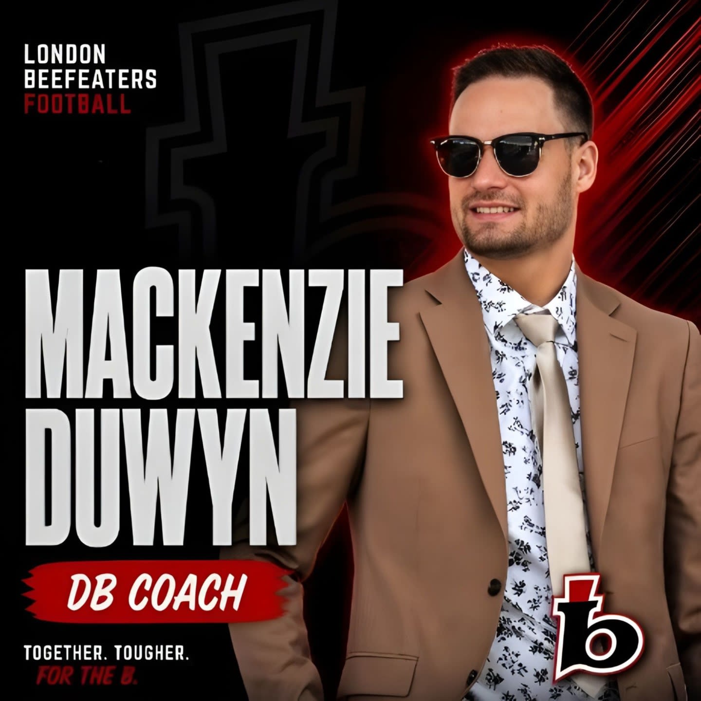 A man in a suit and sunglasses stands in the foreground with "Mackenzie Duwyn DB Coach" text to his left, against a dark background with the London Beef eaters Football logo.