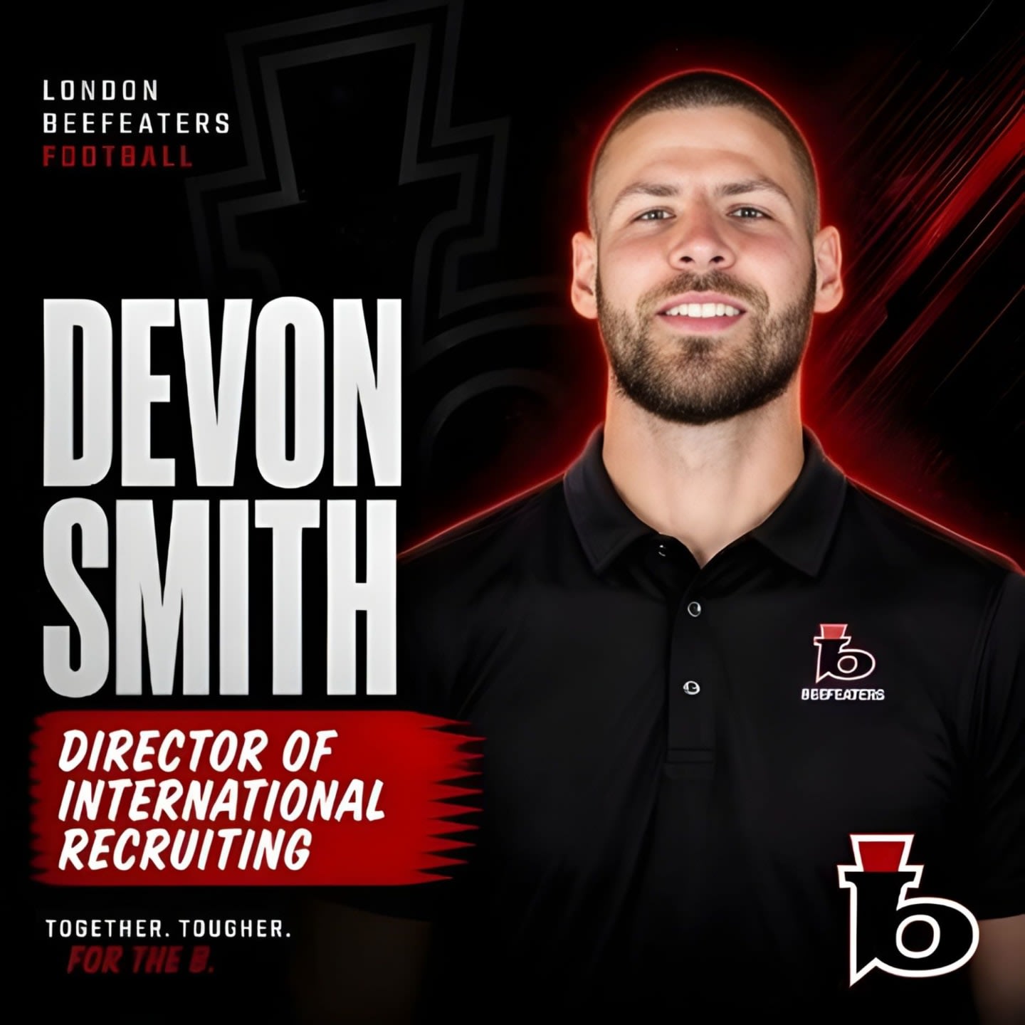 A man with a beard and a black polo shirt stands in the foreground, with "DEVON SMITH DIRECTOR OF INTERNATIONAL RECRUITING" and the London Beefeaters Football logo displayed prominently, against a dark, abstract background.