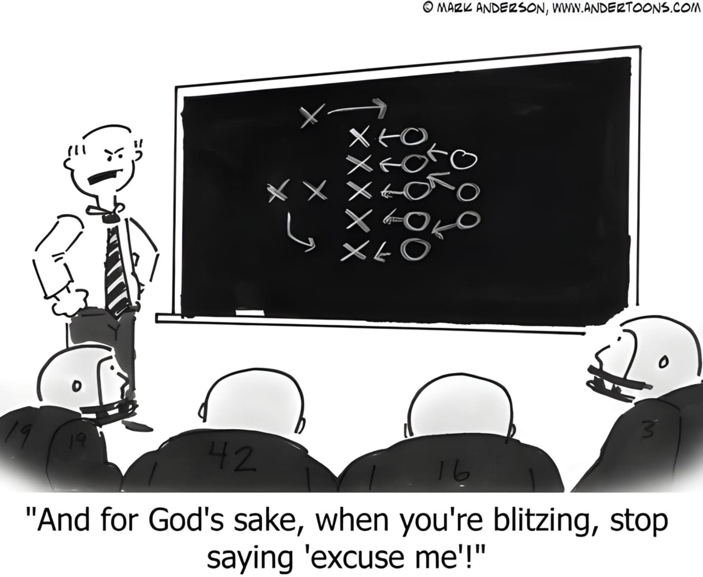 An angry football coach stands by a blackboard filled with Xs and Os, while his players, seen from behind, listen intently.