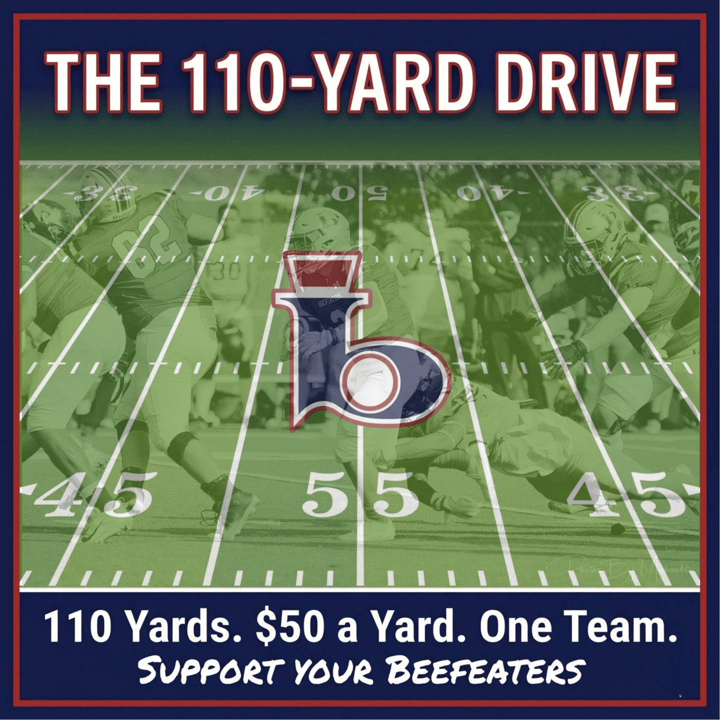 A football field with players in action is overlaid with a team logo and text promoting a fundraising drive.