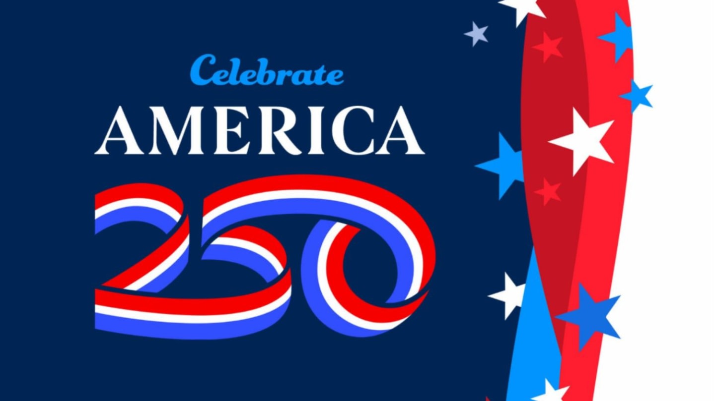 A dark blue background features the words "Celebrate AMERICA" and a ribbon-like "250" in red, white, and blue, with a vertical cascade of red, white, and blue stripes and stars on the right.