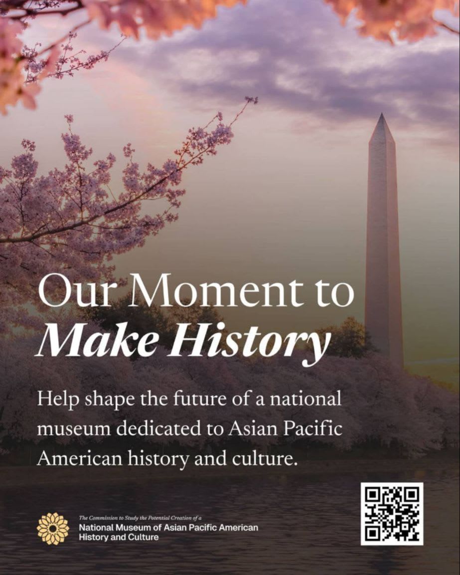 Cherry blossoms frame the Washington Monument against a dusky sky, with text overlaying the scene.