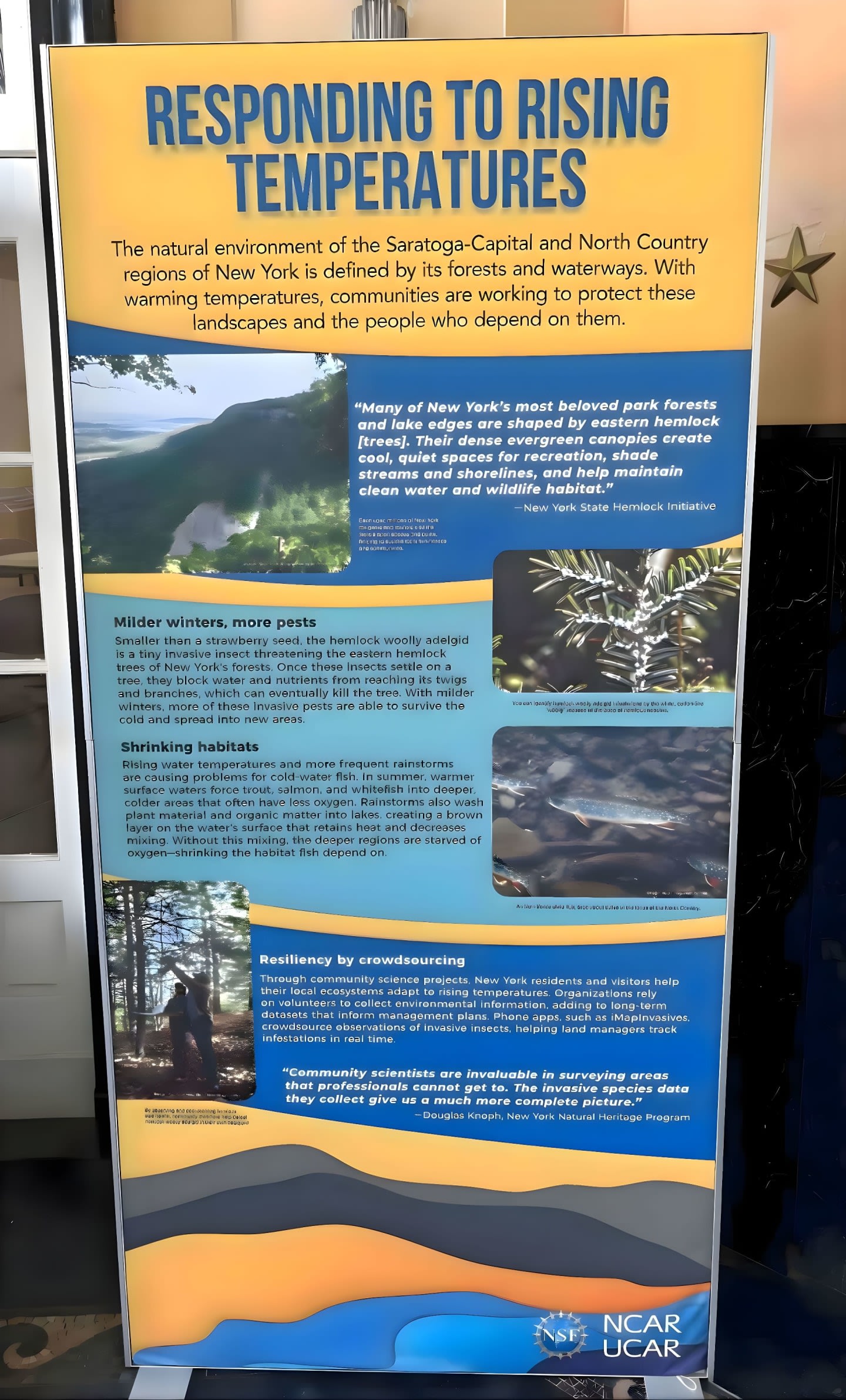 A vertical banner with text and images about responding to rising temperatures is displayed against a blurred background of a room.