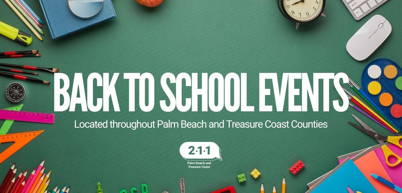 School supplies like pencils, rulers, and paint are scattered around the text "BACK TO SCHOOL EVENTS" on a green chalkboard background.