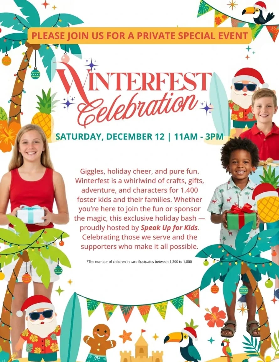 A festive "Winterfest Celebration" poster features smiling children and holiday-themed graphics like palm trees and Santa Claus in the foreground, with event details and a castle graphic in the background.