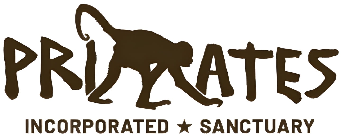 A brown monkey silhouette forms part of the word "PRIMATES" in the foreground, with "INCORPORATED SANCTUARY" written below it against a white background.