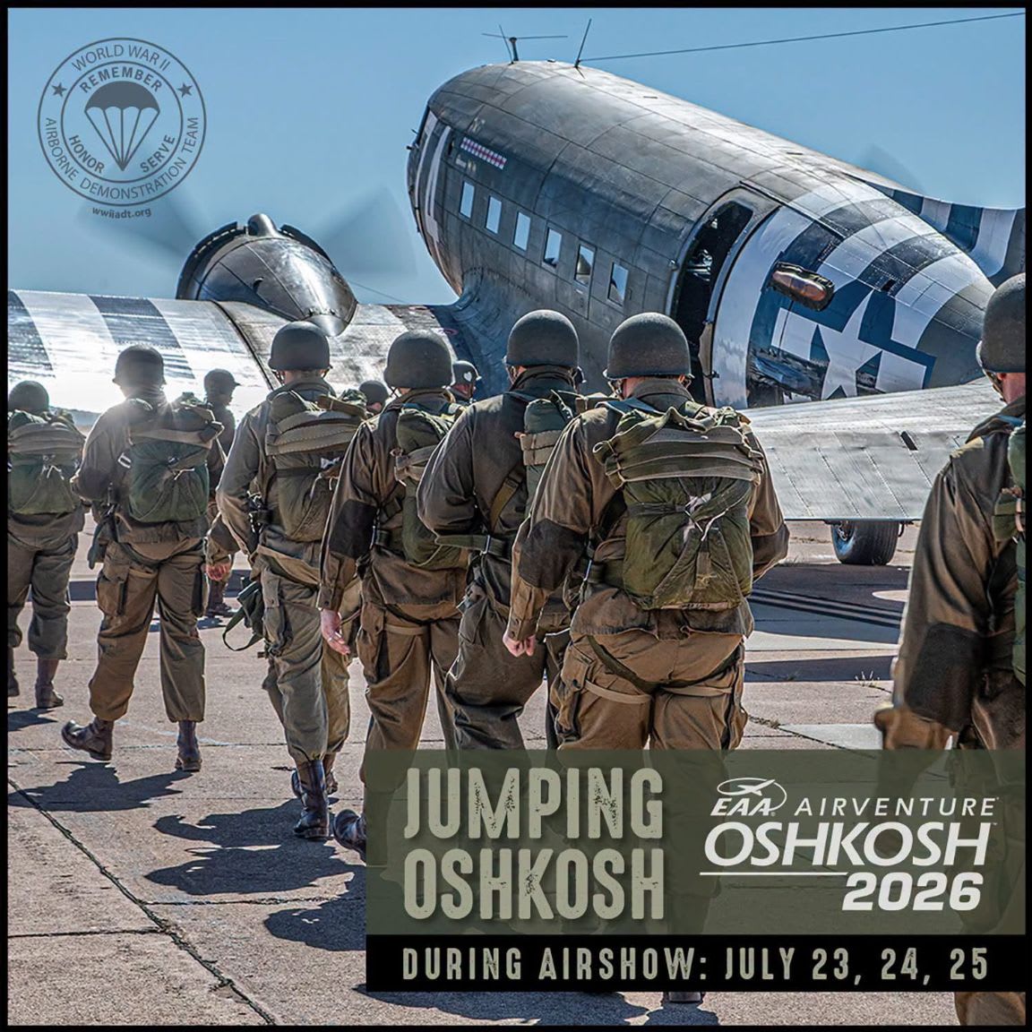 Soldiers in uniform march towards a vintage airplane in the background, with event details overlaid on the image.