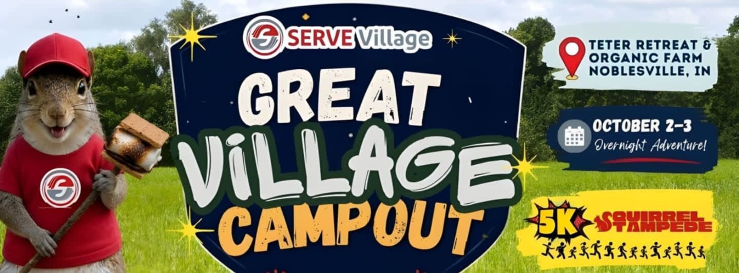 A cartoon squirrel holding a s'more stands in a grassy field with trees in the background, advertising the "Great Village Campout" event.