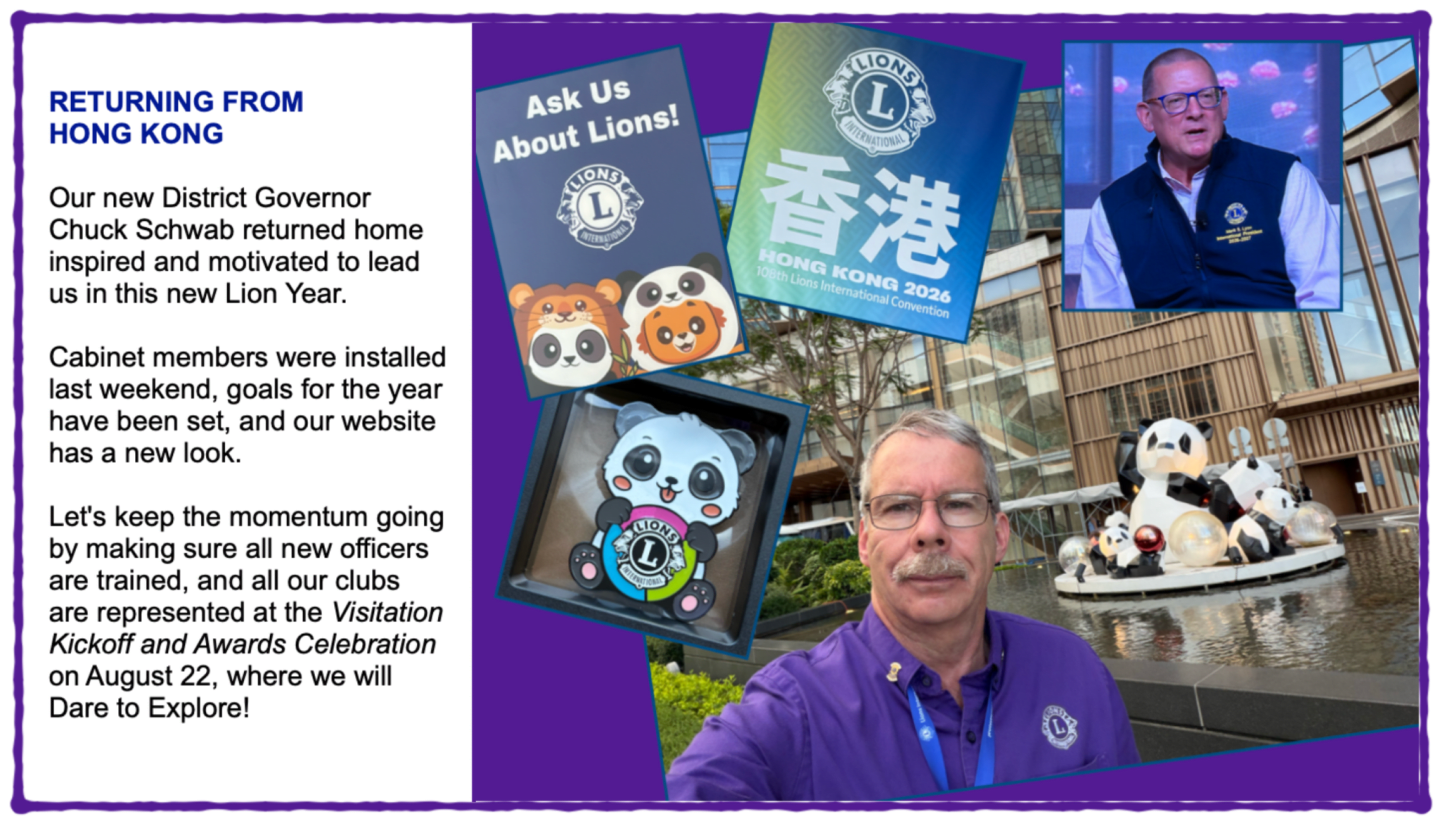 A man in a purple shirt stands in the foreground with a collage of panda-themed items and Lions Club memorabilia to his left, while a man in a vest speaks in the background with a blurred cityscape behind him.